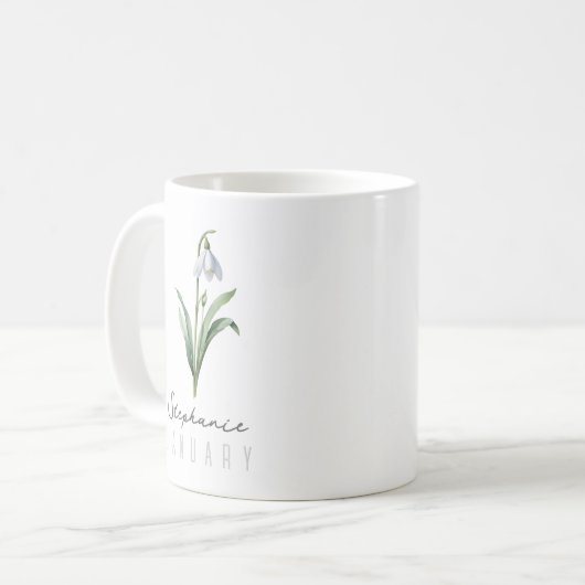 Mug Janvier Mois de naissance Fleur avec nom - Snowdro (Devant gauche)