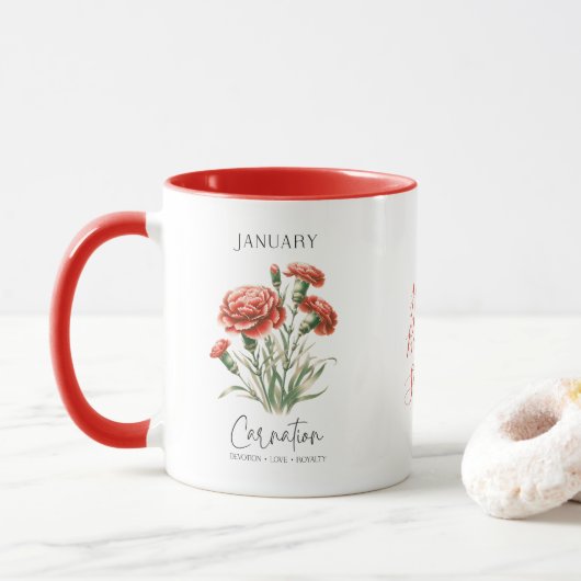 Mug Janvier Mois de naissance Fleur Carnation Annivers (Avec donut)