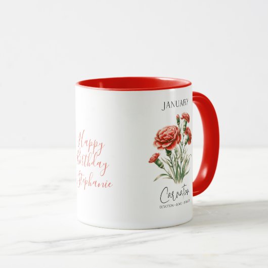 Mug Janvier Mois de naissance Fleur Carnation Annivers (Devant droit)