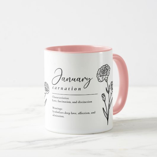 Mug Janvier Mois de naissance Fleur Carnation minimali (Devant droit)