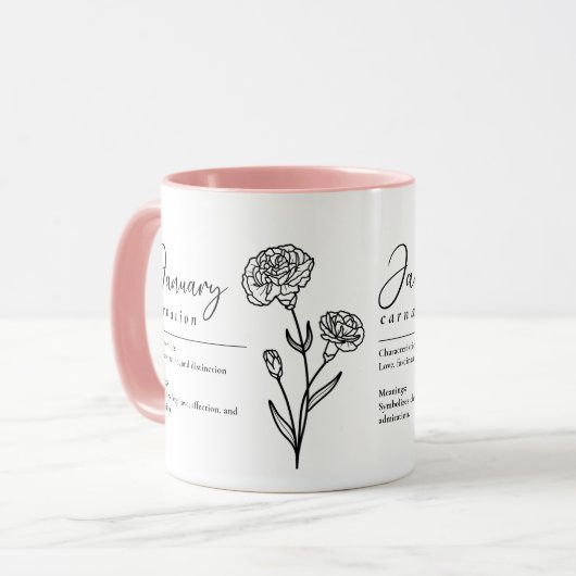 Mug Janvier Mois de naissance Fleur Carnation minimali (Devant gauche)