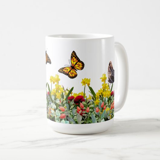 Mug Jardin aux fleurs de papillons avec tulipes et mar (Devant droit)