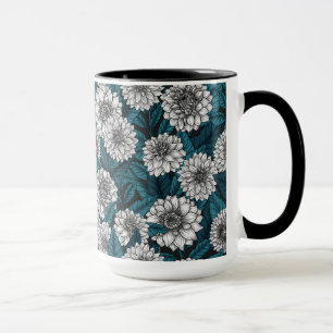 Mug Jardin blanc Dahlia / feuilles bleus