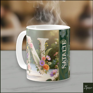 Mug Jardin Floral Blanc Monogramme Lettre N