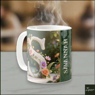 Mug Jardin Floral Blanc Monogramme Lettre S