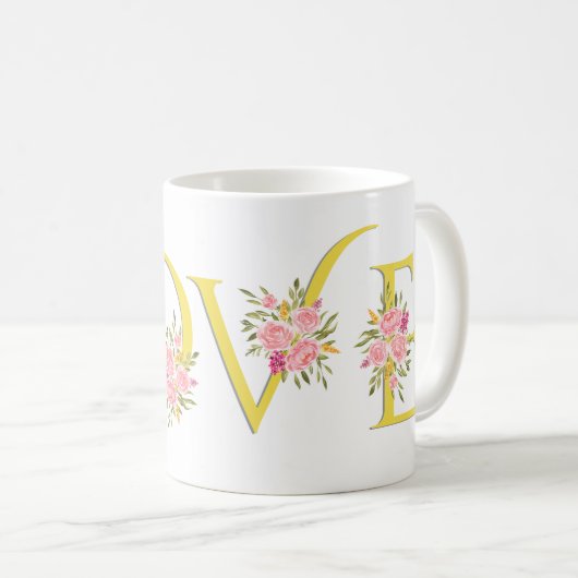 Mug Jaune AMOUR, roses roses rose vif Valentines Jour (Devant droit)