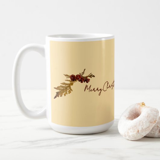 Mug Jaune Beurre Message Fougère & Petit Cône de Pin (Avec donut)