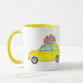 Mug Jaune Fiat 500 cadeaux de Noël Aquarelle (Gauche)