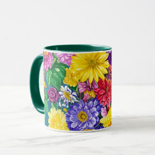 Mug Jaune rose rouge Bleu Vert Jardin Fleurs Motif