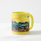Mug Jaune Soleil, Lézard Bleu Regarde Lever Du Sol (Devant droit)