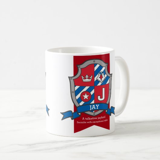 Mug Jay lettre J heraldry rouge nom bleu signifiant (Devant droit)