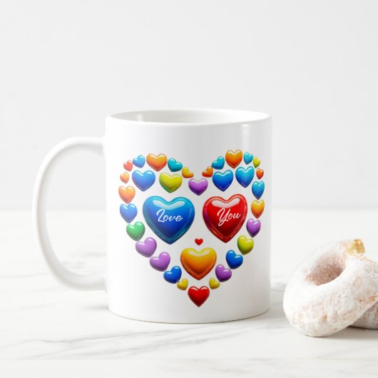Mug Je t'aime avec des cœurs colorés (Avec donut)