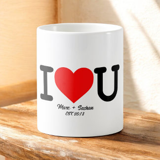 Mug Je t'aime : Cœur rouge avec noms personnalisés et