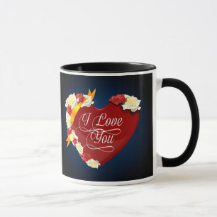 Mug Je t'aime, coeur rouge/roses blancs