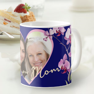 Mug Je t'aime Maman Photo d'Orchidée Bleue Navy Cœur