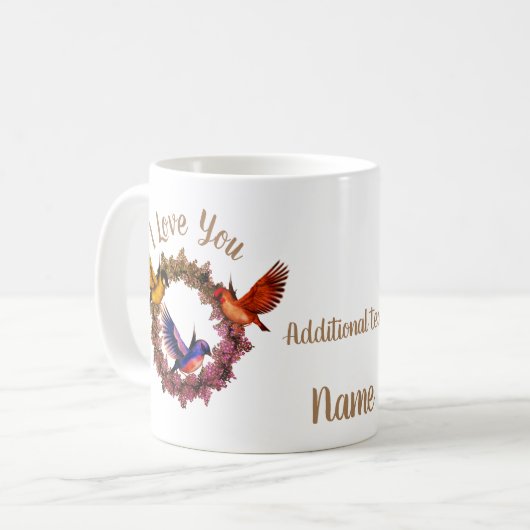 Mug Je T'Aime Oiseaux Sur Flower Wreath Personnalisé (Devant gauche)