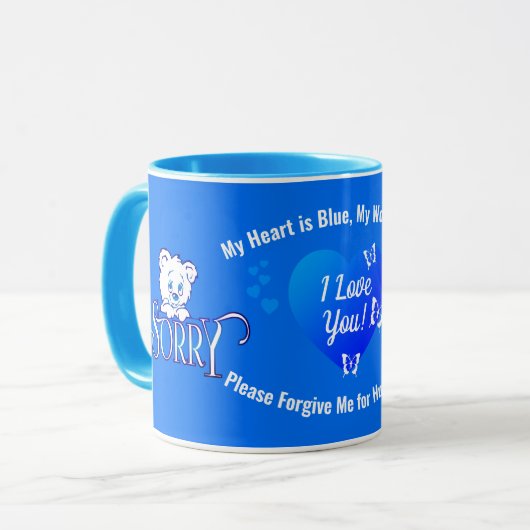 Mug JE VOUS AIME avec Triste SORRY Bear sur Blue APOLO (Devant gauche)