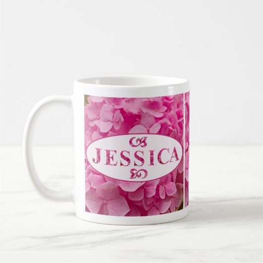 Mug "Jessica" Élégante Hydrangée Rose Florale Lettres (Gauche)