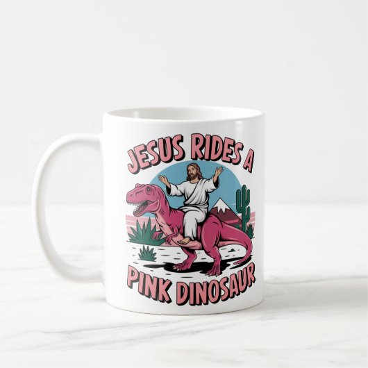 Mug Jésus Mèmes Drôle, Jésus Dirige Un Dinosaure Rose (Gauche)