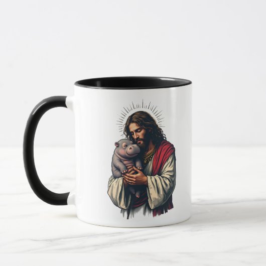 Mug Jésus tenant un bébé Moo Deng Hippo (Gauche)
