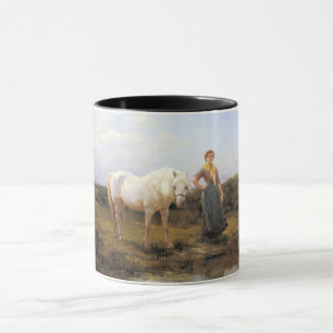 Mug Jeune femme en milieu rural qui prend un cheval à 