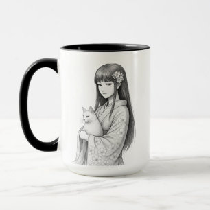 Mug Jeune Fille Japonaise avec un Chat Blanc