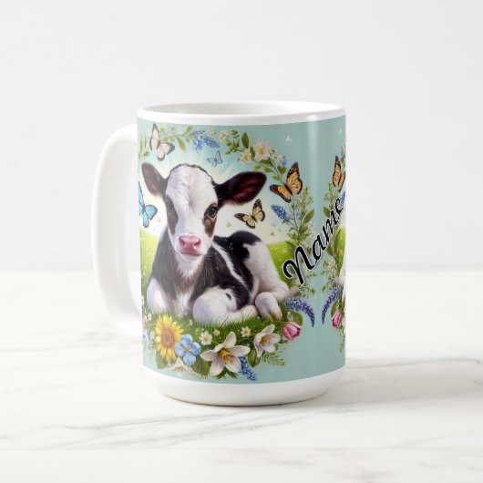 Mug Jeune veau avec couronne de fleurs et papillons (Devant gauche)
