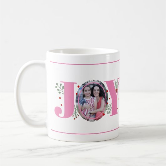 Mug Joie rose avec baies photo de Noël (Gauche)