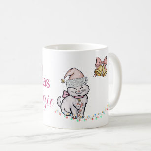 Mug Joli Chat de Noël avec un Chapeau de Père Noël Nom