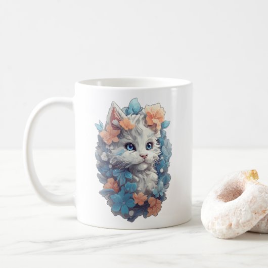 Mug Joli Chat Féminin Floral Blanc (Avec donut)