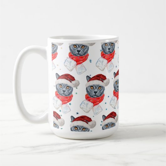 Mug Joli Chat Gris Aquarelle avec Écharpe (Gauche)