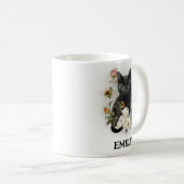 Mug Joli Chat Noir Aquarelle Fleurs Nom (Devant droit)