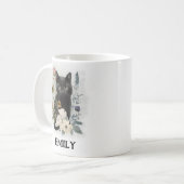 Mug Joli Chat Noir Aquarelle Fleurs Nom (Devant gauche)