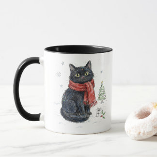 Mug Joli chat noir au foulard rouge arbre de Noël hive
