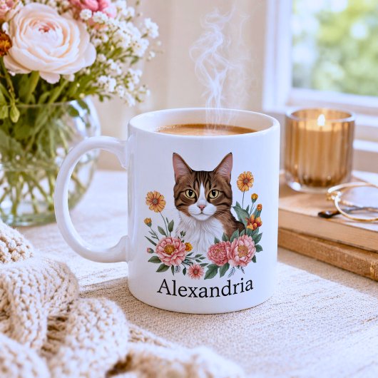 Mug Joli chat tabby avec des fleurs