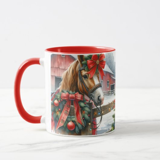 Mug Joli Cheval Brown dans Red Bow Noël (Gauche)