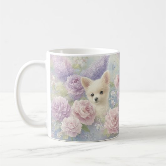 Mug joli chiot blanc avec des fleurs (Gauche)