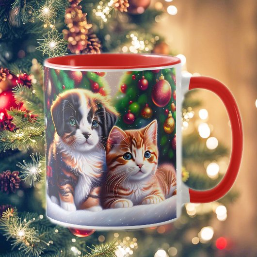 Mug Joli chiot et chat sous l'arbre de Noël