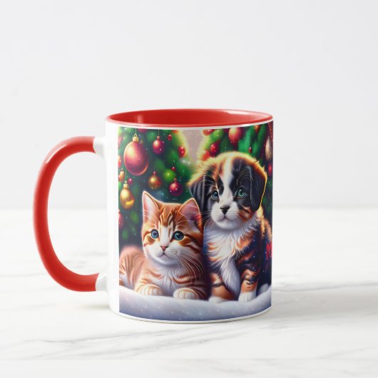 Mug Joli chiot et chat sous l'arbre de Noël (Gauche)