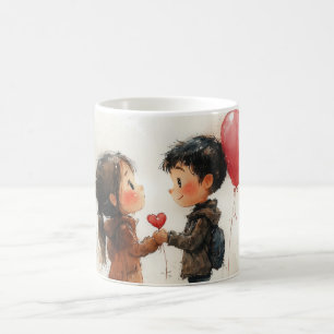 Mug Joli Couple Aquarelle Ballon en Forme de Coeur Amo
