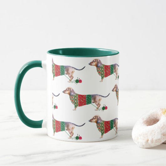 Mug Joli dachshund aquarelle en jumper de noël (Avec donut)