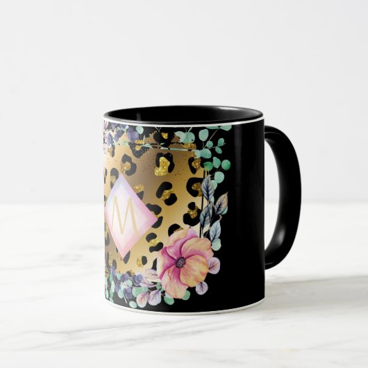 Mug Joli Empreinte de léopard or rose rose Monogramme (Devant droit)