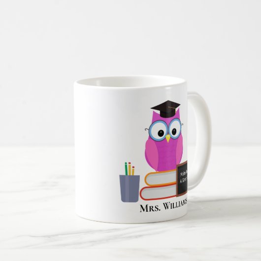 Mug Joli enseignant sur mesure Pink Owl School Monogra (Devant droit)