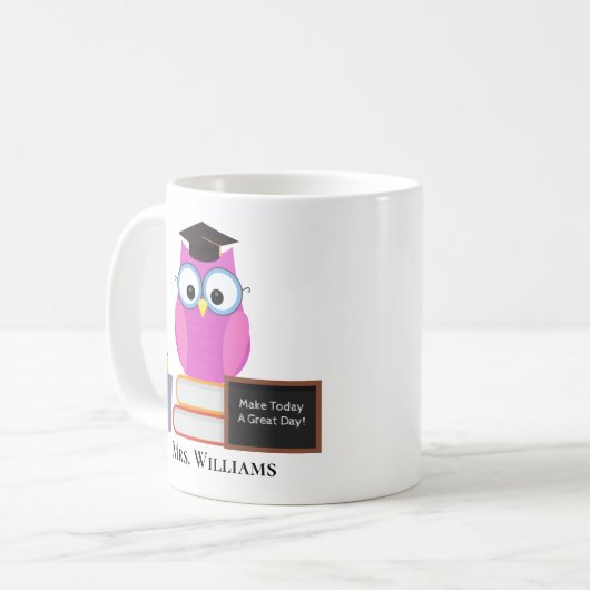 Mug Joli enseignant sur mesure Pink Owl School Monogra (Devant gauche)