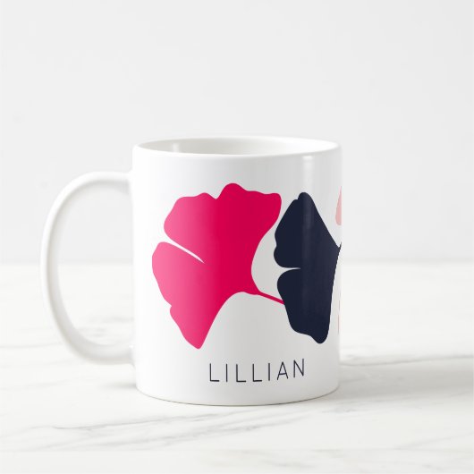 Mug Joli Feuille personnalisé Navy Blue & Pink Ginkgo (Gauche)