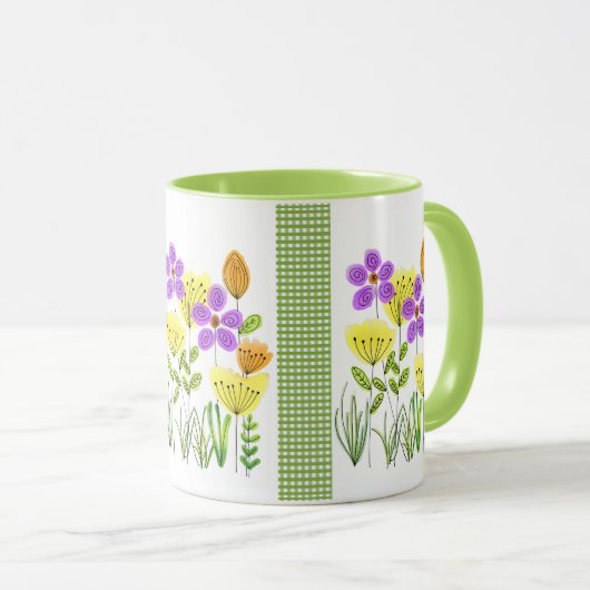 Mug Joli Fleurs sauvages aquarelle avec En vichy vert (Devant droit)