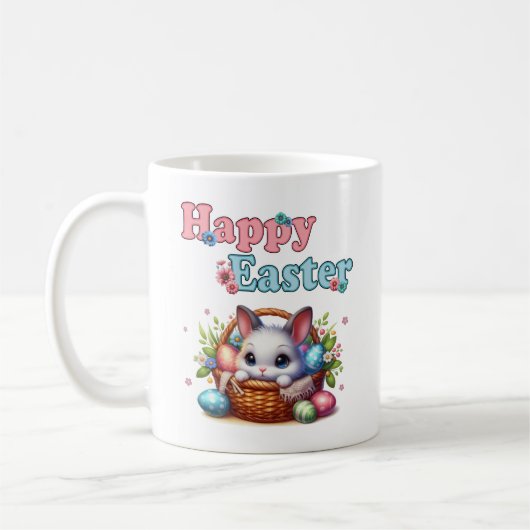 Mug Joli lapin de Pâques en panier avec oeufs et fleur (Gauche)