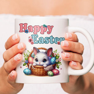 Mug Joli lapin de Pâques en panier avec oeufs et fleur