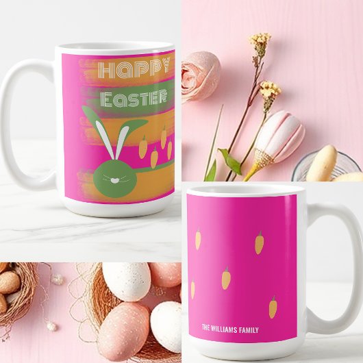 Mug Joli Lapin de Pâques Rose Vert Heureux et Carottes