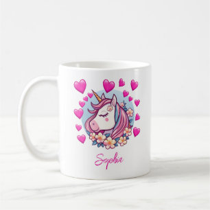 Mug Joli Licorne, Cœurs Roses & Fleurs, Nom Personnali